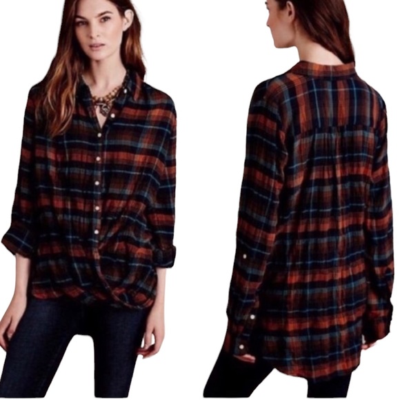 Isabella Sinclair | Plaid Draped Surplice Shirt Long Sleeve Size Medium - Picture 1 of 5